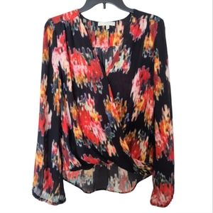 Lavender Brown Orange Black floral Drape Front blouse size XS